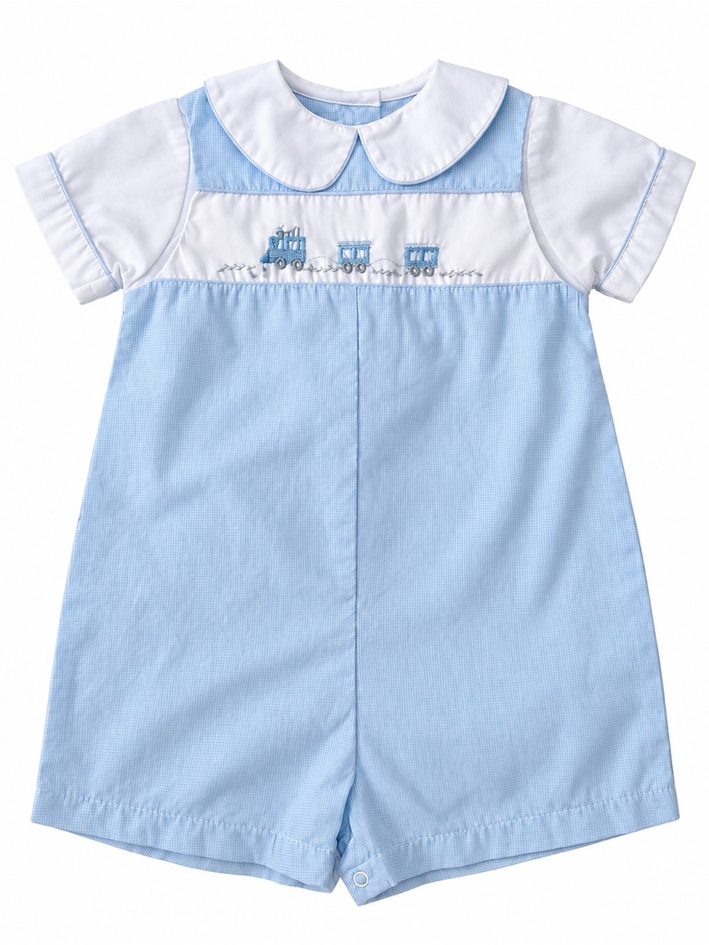 Petit Ami Baby Boy Blue Gingham Train Romper Peter Pan Collar 9M